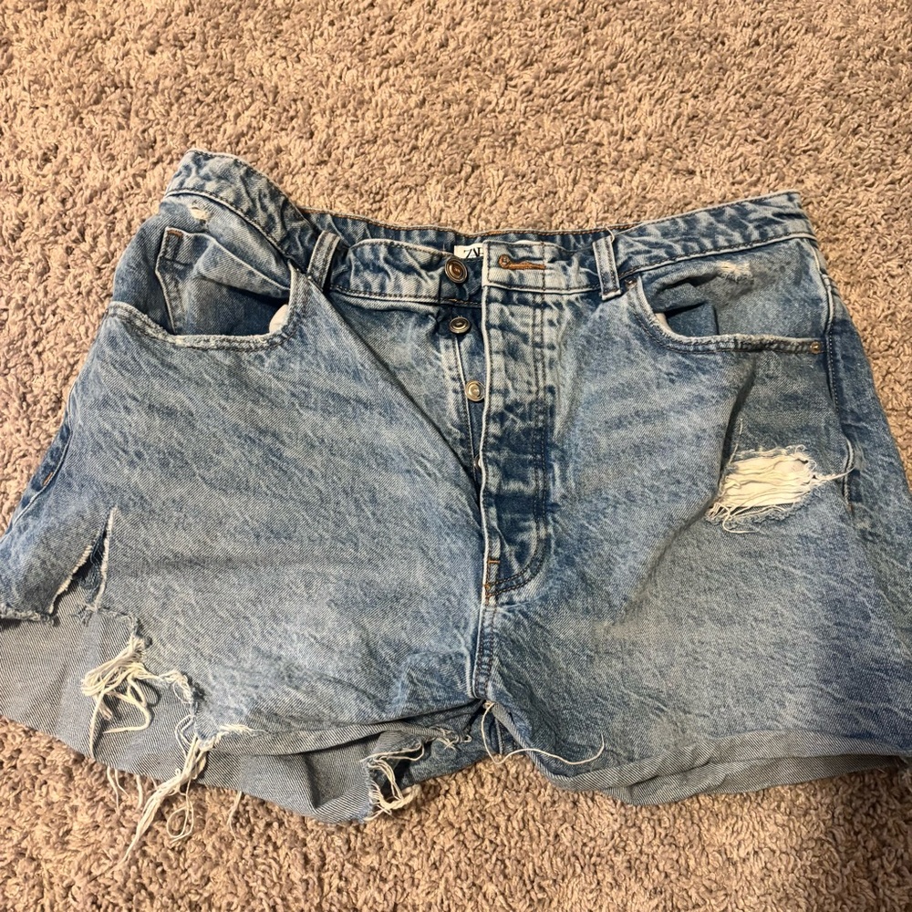 Zara Light Blue Distressed Jean Shorts